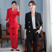 长袖三排扣修身女士西装，外套大码红色外套，两件套工作制服黑色西服