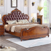 美式乡村复古实木床1.8米 欧式双人床软包真皮主卧室家具雕花大床