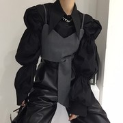 韩国chic小众复古尖尖领宽松褶皱，灯笼袖衬衫+外搭不规则吊带背心