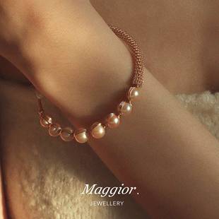 Maggior小众首饰尘砂缠金拼接双面镀金香槟珍珠开口手镯