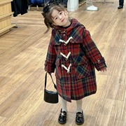 2023冬季韩版童装女童格子夹棉大衣中长款连帽加厚棉衣外套