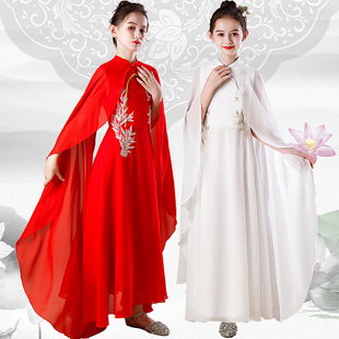 古筝演出服女童中国风仙女气质飘逸钢琴考级民乐合唱立领白色长裙