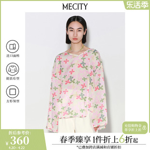 MECITY女士夏季v领休闲通勤花卉桑蚕丝混纺衬衫女526818