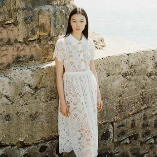 2023夏季时尚全蕾丝，气质收腰白色长款连衣裙