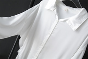中长款冰丝衬衣女夏2023翻领，前短后长，宽松版褶皱圆弧摆白衬衣