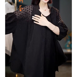 韩版立领设计感肩部，镂空黑色衬衫女2024春季甜美休闲宽松上衣