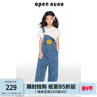 opennunu女童复古笑脸背带裤春季潮流宽松阔腿直筒显瘦牛仔裤