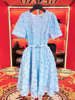 茶歇法式连衣裙女春季小个子，独特超好看气质时尚蓝色印花裙子