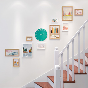 现代简约楼梯照片装饰创意，钟表过道走廊相框，挂墙ins风相册相片墙