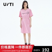 uti尤缇2022夏季短袖圆领，粉色抽绳连衣裙女中长裙ui2d0481608