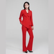 女士小西装红色套装职业装2023商务修身型长袖双排扣通勤纯色