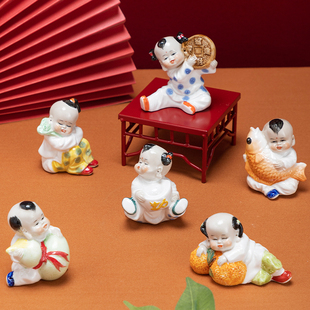 小童车载可爱迷你陶瓷，桌面人物摆件，中式招财进宝吉祥如意手工艺品