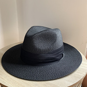夏季黑色遮阳帽男女可折叠草帽子女平沿宽檐礼帽巴拿马沙滩度假帽
