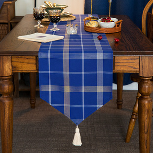 欧式格子布艺桌旗长方形地中海蓝长条，茶几布桌布(布桌布)茶台装饰茶旗茶席