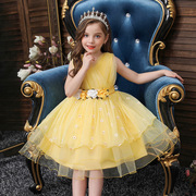 跨境儿童礼服公主裙女童走秀演出服黄色碎花连衣裙超仙无袖公主裙