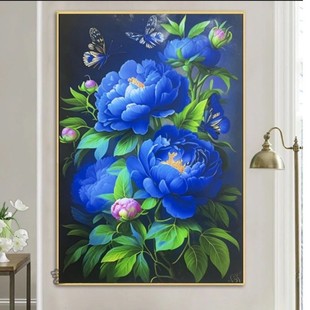 蓝色牡丹十字绣2023线绣客厅，唯美梦幻蝴蝶牡丹，花卉满绣金丝布
