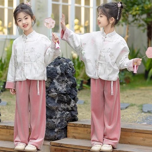 120-170女童新中式春季套装提花上衣直筒裤小女孩国风汉服两件套