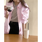 秒发!高级感春日衬衫~韩国东大门翻领单排扣宽松长袖粉色衬衣女
