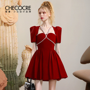 茬客法式红色连衣裙女2024年夏季钉珠，复古气质优雅收腰小礼服