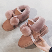 EBV 2023年冬季时尚真皮雪地靴女学生可爱毛球防滑保暖棉鞋子
