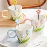 设计感马克杯小众高颜值郁金香，陶瓷杯子带盖带勺子水杯办公室茶杯