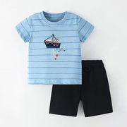 男童条纹短袖t恤宝宝帆船上衣，休闲短裤子，两件套儿童纯棉夏季套装2