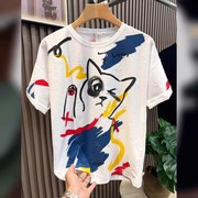 猫咪图案t恤男夏季圆领，宽松半袖上衣潮牌涂鸦印花男短袖体恤