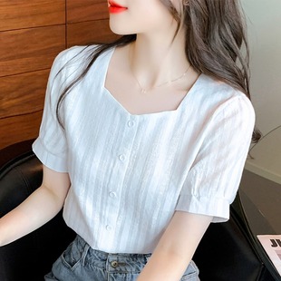 雪纺衫女短袖2023年夏季韩版宽松小衫白色时尚泡泡袖t恤上衣