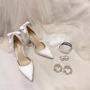 法式蝴蝶结高跟鞋绸缎珍珠伴娘鞋白色设计感小众主婚纱婚鞋新娘鞋