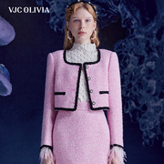 VJC OLIVIA2023秋冬粉色小香圆领撞色短款箱型长袖外套女装