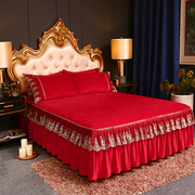 床裙三件套秋冬保暖水晶绒毛绒大红色结婚庆韩版蕾丝床罩床套