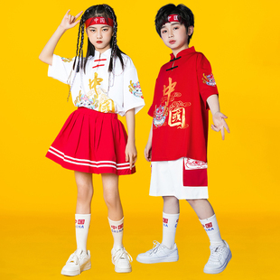 儿童啦啦操演出服男童潮服中国风小学生运动会啦啦队夏季短袖服装