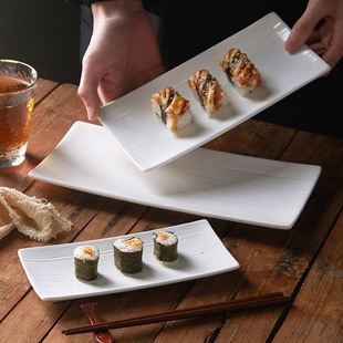 寿司盘子长方形盘子陶瓷，日式白色创意家用西餐，甜品餐具点心长条盘