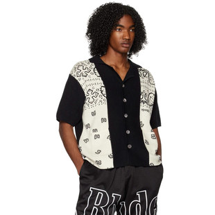 RHUDE 男士短袖卡通图案拼色设计开襟针织衫羊毛衫 Banco潮流短袖