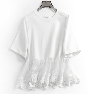 白色宽松显瘦纯色蕾丝拼接圆领，夏季短袖百搭时髦t恤女装a340