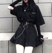 衬衫女夏韩版ins复古宽松暗黑，系工装短袖衬衣，+百褶半身裙jk套装潮