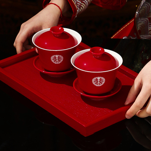 结婚用品改口敬茶杯套装，一对喜碗筷杯子婚礼，红色茶具敬酒陪嫁大全