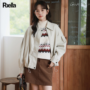 拉夏贝尔puella韩系polo领款时尚pu皮衣，外套女春季季夹克(季夹克)气质上衣