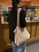 韩国简约外缝线原米白色帆布单肩包休闲纯色百搭大容量双层单肩