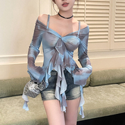 GirlsAt18 蓝色网纱印花衬衫女夏季美式辣妹设计感荷叶边长袖上衣