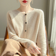 100%纯羊绒开衫女圆领一线成衣提花长袖针织衫毛衣宽松羊毛衫外套
