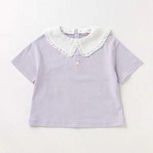 花边娃娃领长袖t恤打底衫，儿童衬衣春秋，款上衣mezzo纯棉紫色绿色
