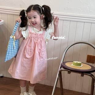 凡妈童装2024夏季韩系女童，宝宝小童洋气棉布吊带连衣裙两件套