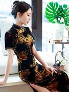 老上海高端真丝绒，长款旗袍2022年夏季大码气质，年轻款连衣裙女