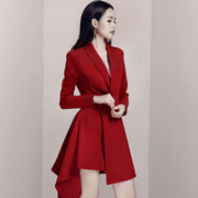 长袖红色小礼服裙子西装，连衣裙西服女时尚高腰，气质春秋不规则韩版