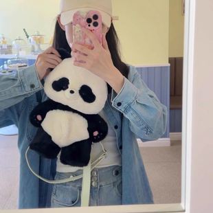可爱大熊猫包毛绒小书包女学生上课通勤包大容量双肩包玩偶包背包
