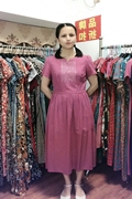 桂林系品牌夏季圆领短袖，中腰文艺民族风淑女，棉中长修身纯色连衣裙