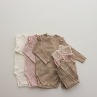 韩国婴儿秋装睡衣套装女宝宝长袖连体衣家居服春秋纯色透气两件套