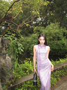 新中式复古兰花印花紫色，旗袍连衣裙2024国风气质，收腰背心长裙