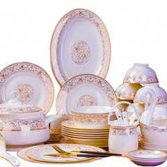 碗碟套装 家用欧式简约金边56头骨瓷餐具套装 景德镇陶瓷碗盘组合